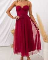 Corset Bodice Wedding Guest Dress with Tulle Midi Skirt