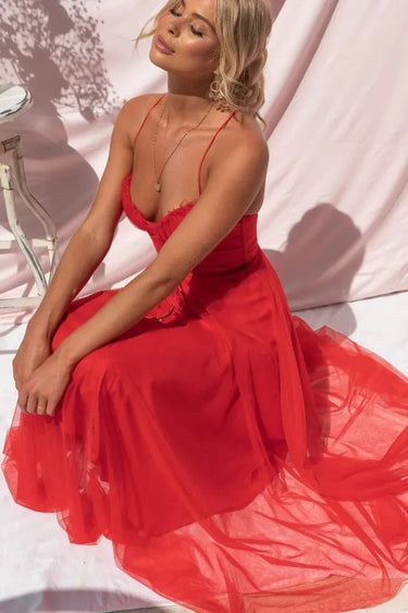 Corset Bodice Wedding Guest Dress with Tulle Midi Skirt
