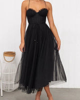 Corset Bodice Wedding Guest Dress with Tulle Midi Skirt