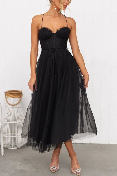 Corset Bodice Wedding Guest Dress with Tulle Midi Skirt