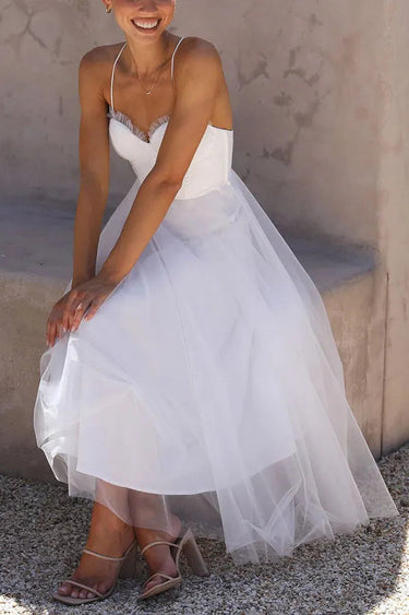 Corset Bodice Wedding Guest Dress with Tulle Midi Skirt