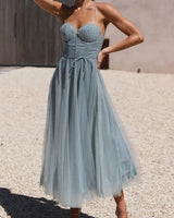 Corset Bodice Wedding Guest Dress with Tulle Midi Skirt