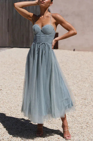 Corset Bodice Wedding Guest Dress with Tulle Midi Skirt