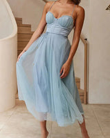 Corset Bodice Wedding Guest Dress with Tulle Midi Skirt