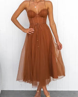 Corset Bodice Wedding Guest Dress with Tulle Midi Skirt