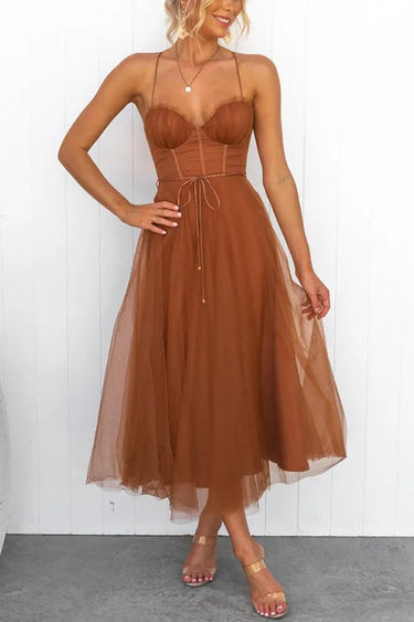 Corset Bodice Wedding Guest Dress with Tulle Midi Skirt