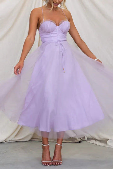 Corset Bodice Wedding Guest Dress with Tulle Midi Skirt