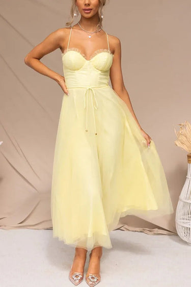 Corset Bodice Wedding Guest Dress with Tulle Midi Skirt