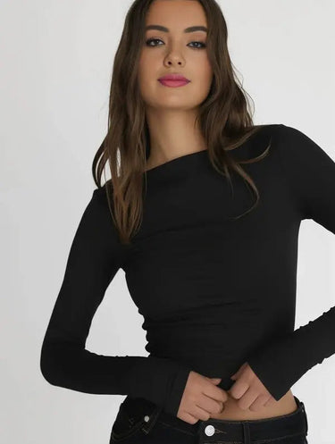 Cropped Boat-Neck Top with Long Sleeves