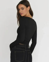 Cropped Boat-Neck Top with Long Sleeves