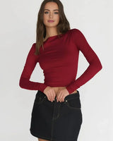 Cropped Boat-Neck Top with Long Sleeves