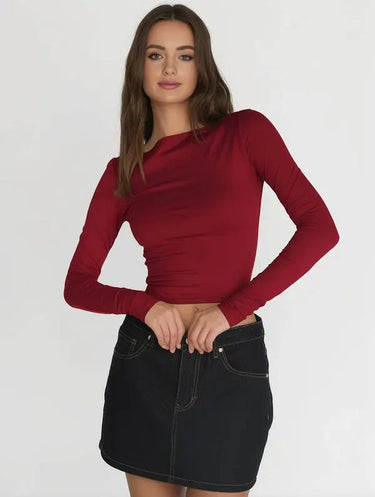 Cropped Boat-Neck Top with Long Sleeves