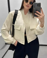Cropped Varsity Bomber Jacket with Flap Pockets