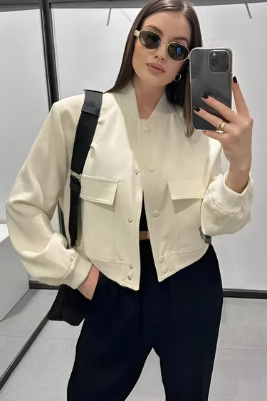 Cropped Varsity Bomber Jacket with Flap Pockets