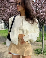 Cropped Varsity Bomber Jacket with Flap Pockets