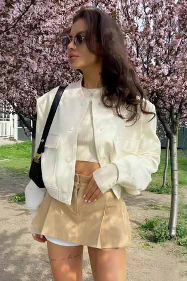 Cropped Varsity Bomber Jacket with Flap Pockets