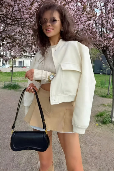 Cropped Varsity Bomber Jacket with Flap Pockets