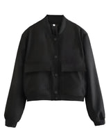 Cropped Varsity Bomber Jacket with Flap Pockets