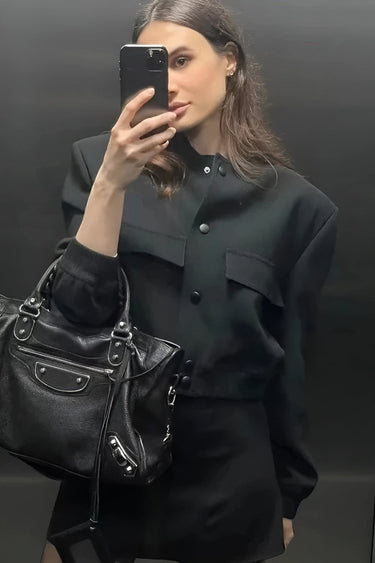 Cropped Varsity Bomber Jacket with Flap Pockets