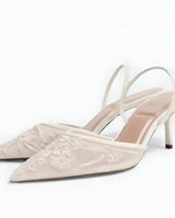 Embroidered Mesh Slingback Heels with Pointed Toe