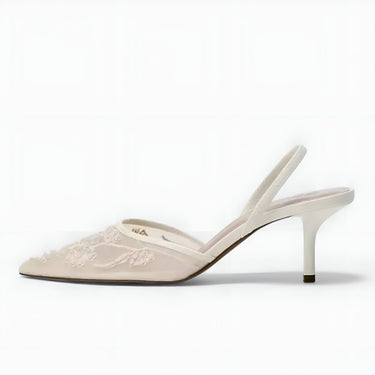 Embroidered Mesh Slingback Heels with Pointed Toe