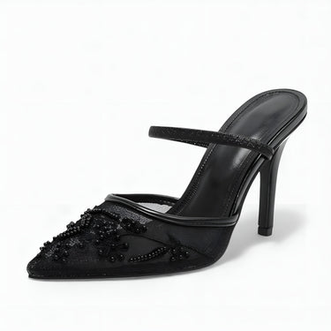 Embroidered Mesh Slingback Heels with Pointed Toe