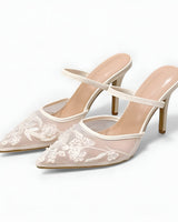 Embroidered Mesh Slingback Heels with Pointed Toe