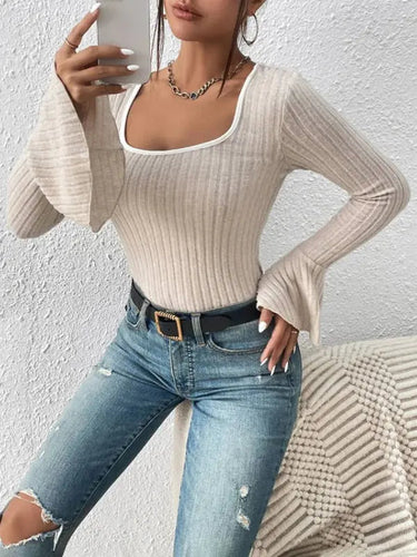 Square-Neck Top with Flared Long Sleeves