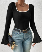 Square-Neck Top with Flared Long Sleeves