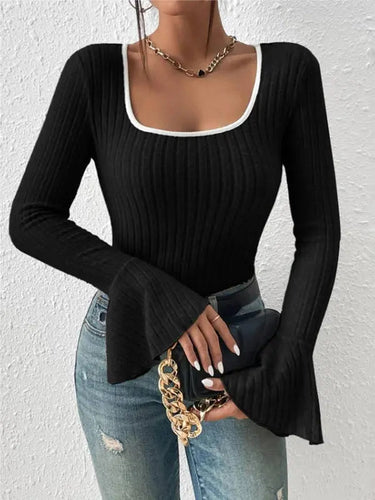 Square-Neck Top with Flared Long Sleeves